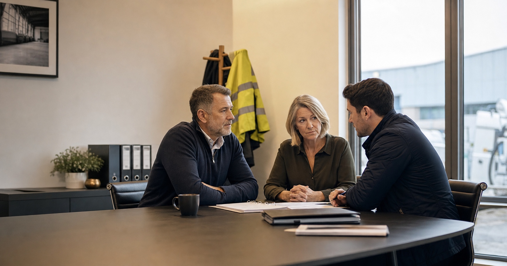 A discreet business handover discussion in an established UK services company